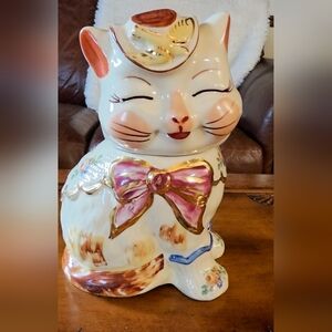 VTG SHAWNEE Puss N' Boots COOKIE JAR Hand Painted GOLD Floral Design Cat Decor